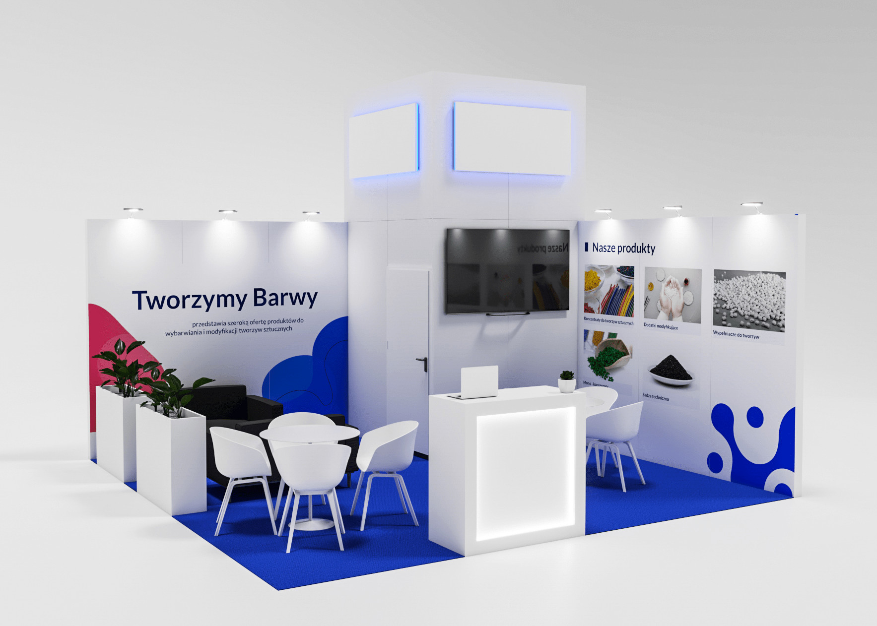 Wizualizacja 3D stoiska targowego niebieskie - UR Projekty