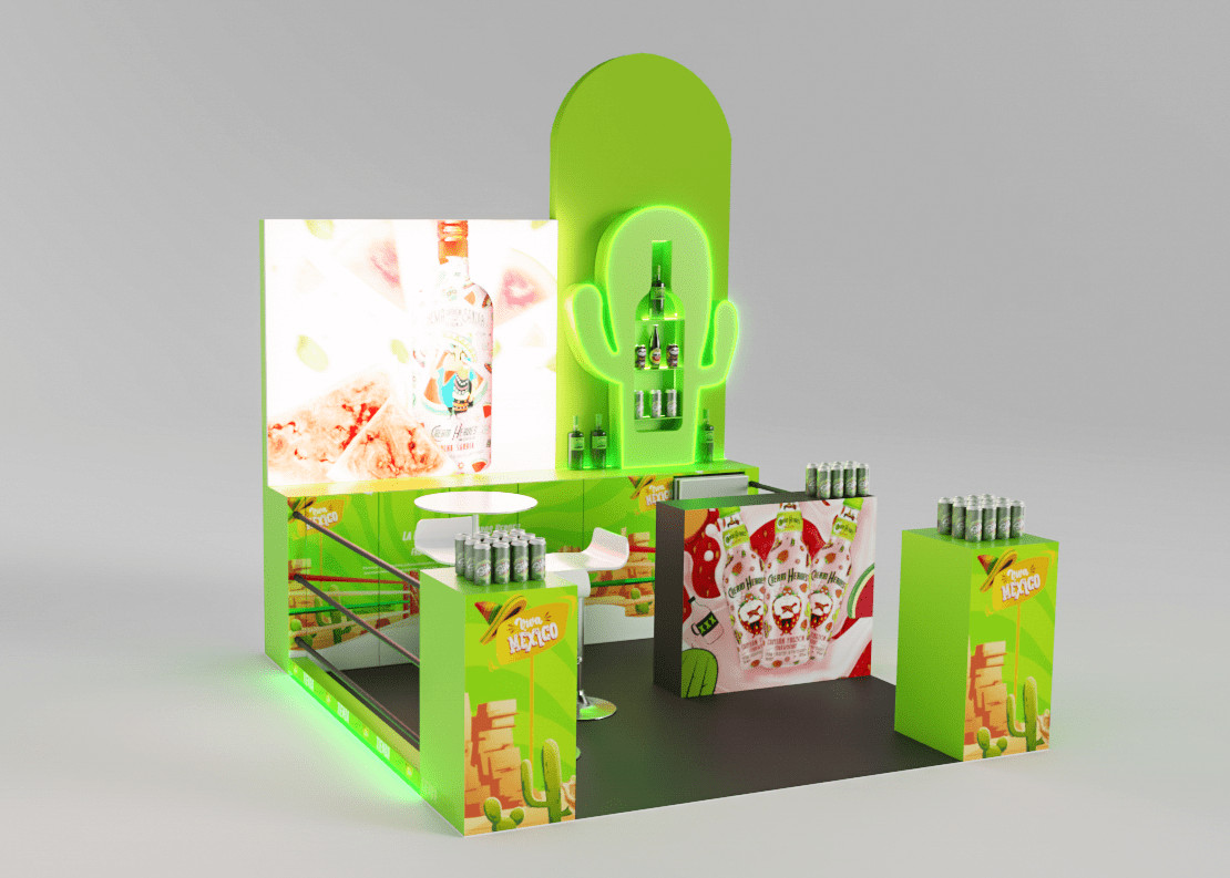 Wizualizacja 3D stoiska targowego zielone - UR Projekty Sanok