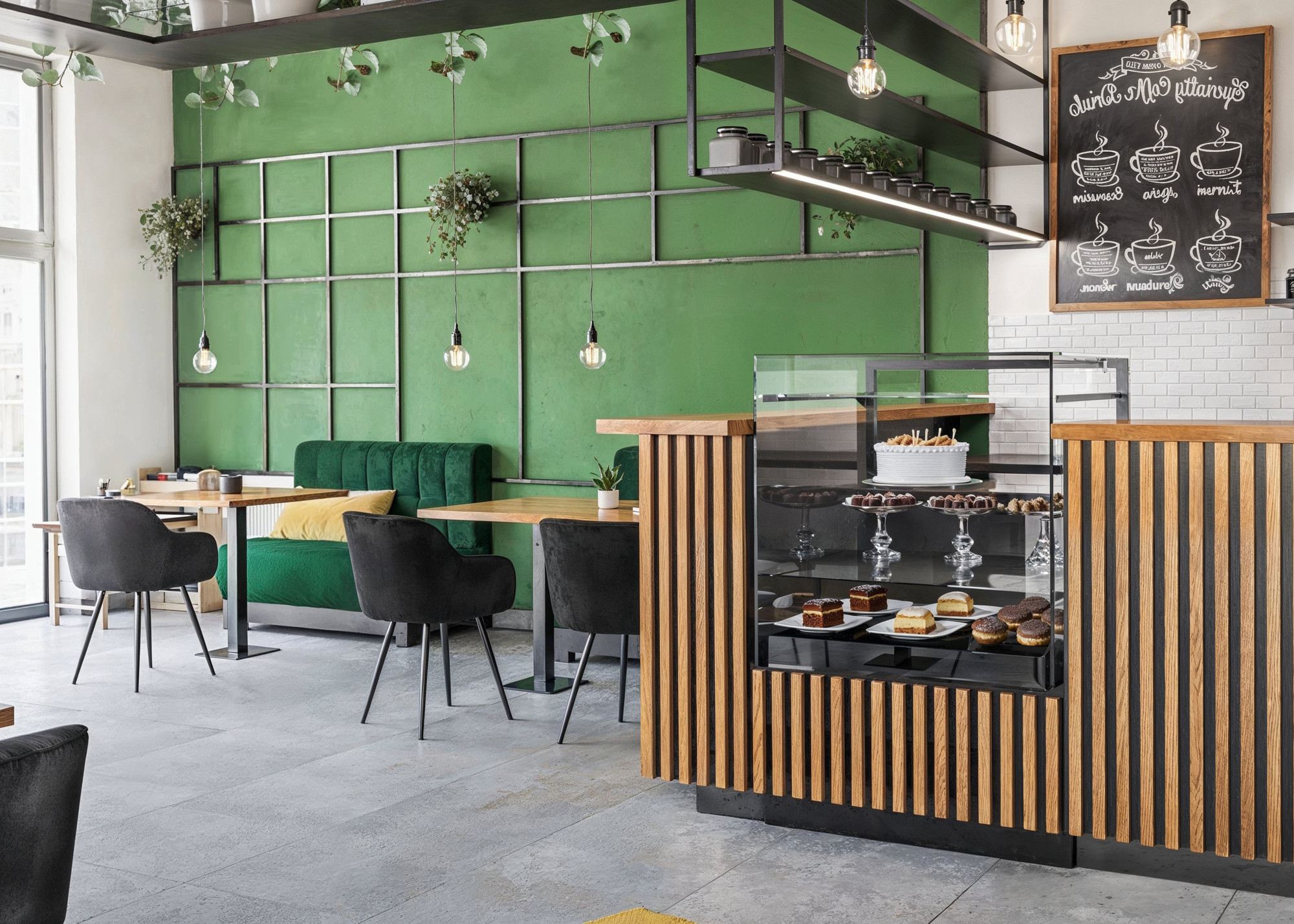 Wizualizacja 3D kawiarni zielona styl industrialny - UR Projekty